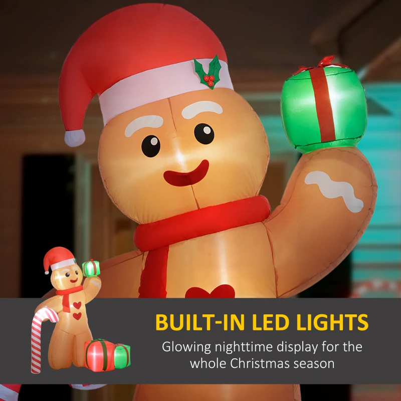 Outsunny 8FT Giant Inflatable Gingerbread Man, Christmas Blow Up Decorations with LED Lights for Indoor, Outdoor, Yard