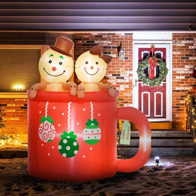 Outsunny 6FT Inflatable Gingerbread Couple in Hot Cocoa Mug, Christmas Blow Up Decoration with LED Lights for Indoor, Outdoor