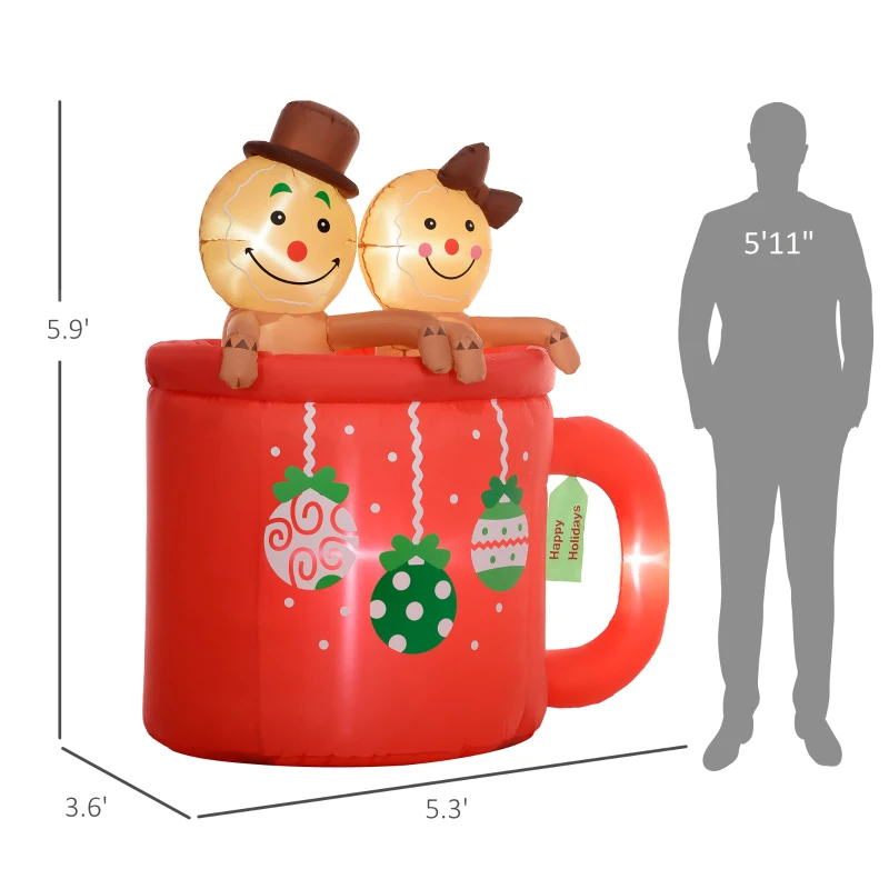 Outsunny 6FT Inflatable Gingerbread Couple in Hot Cocoa Mug, Christmas Blow Up Decoration with LED Lights for Indoor, Outdoor