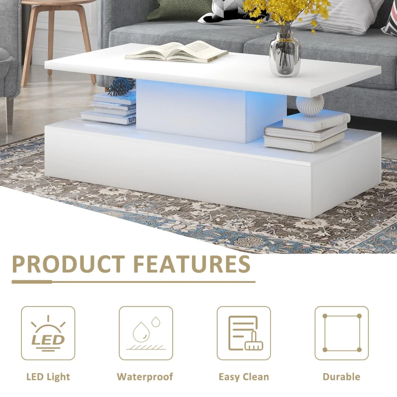 Vinsetto Modern Industrial Design Coffee Table with LED Lighting, 16 Colors with Remote Control, Easy Assembly, 47" L x 23.5" W x 18" H, White