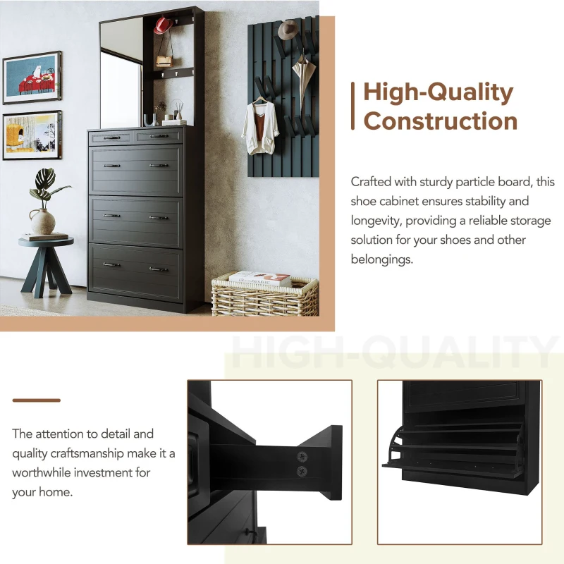 Vinsetto Multi-functional Shoe Cabinet with 3 Flip Drawers, Hall Tree with Mirror, Freestanding Entryway Organizer with 6 Hanging Hooks, Black