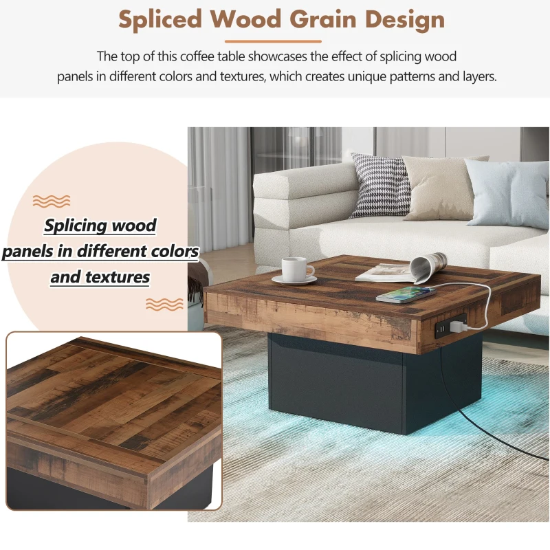 Farmhouse Wood Coffee Table with 2 USB Ports and Outlets, LED Light, Anti-Slip Foot Pads, Spliced Wood Grain, 31.5" L x 31.5" W x 16.5" H, Black