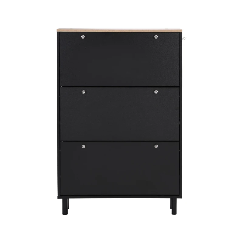 Vinsetto Narrow Design Shoe Cabinet with 3 Flip Drawers, Wood Grain Top, Adjustable Shelves, and 3 Hooks, 31.5" L x 9.5" W x 48" H, Black