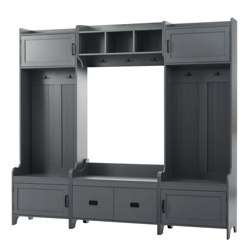 Vinsetto Modern 4-in-1 Hall Tree with Coat Rack, Storage Bench, Entryway Shelf, 7 Metal Hooks, and 4 Cabinets, 78.5" L x 15" W x 72" H, Grey