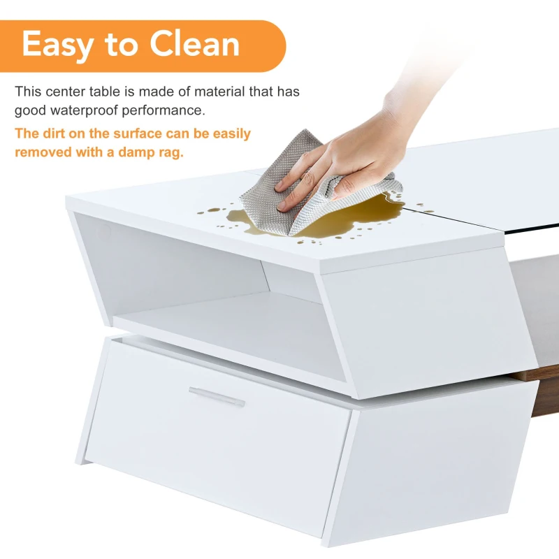 Glass-Top Coffee Table with Open Shelves and Cabinets, Geometric Style, 2-Tier Center Table for Living Room, 45" L x 22" W x 15" H, White