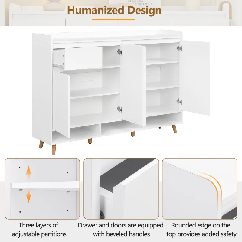 Sleek and Contemporary Shoe Cabinet with Adjustable Shelves, Solid Wood Legs, and Ample Storage, 55.5" L x 14" W x 39.5" H, White