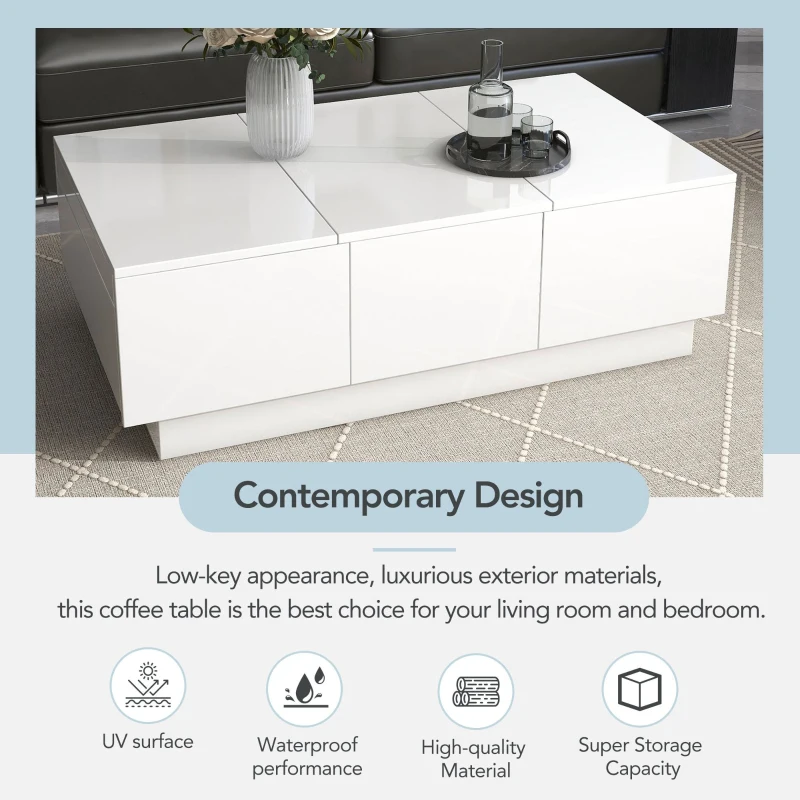 Coffee Table with Hidden Storage, Extendable Cocktail Table with Drawers, Sliding Top for Living Room, 39.5" L x 22" W x 12.5" H, White