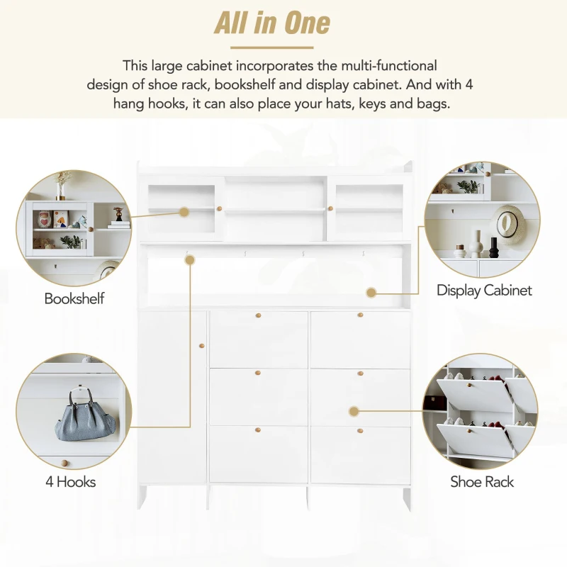Multifunctional Shoe Cabinet with Storage Shelf, 6 Drawers, 4 Hooks and Tempered Glass Doors, Modern Hall Tree, 62" L x 7" W x 82" H, White