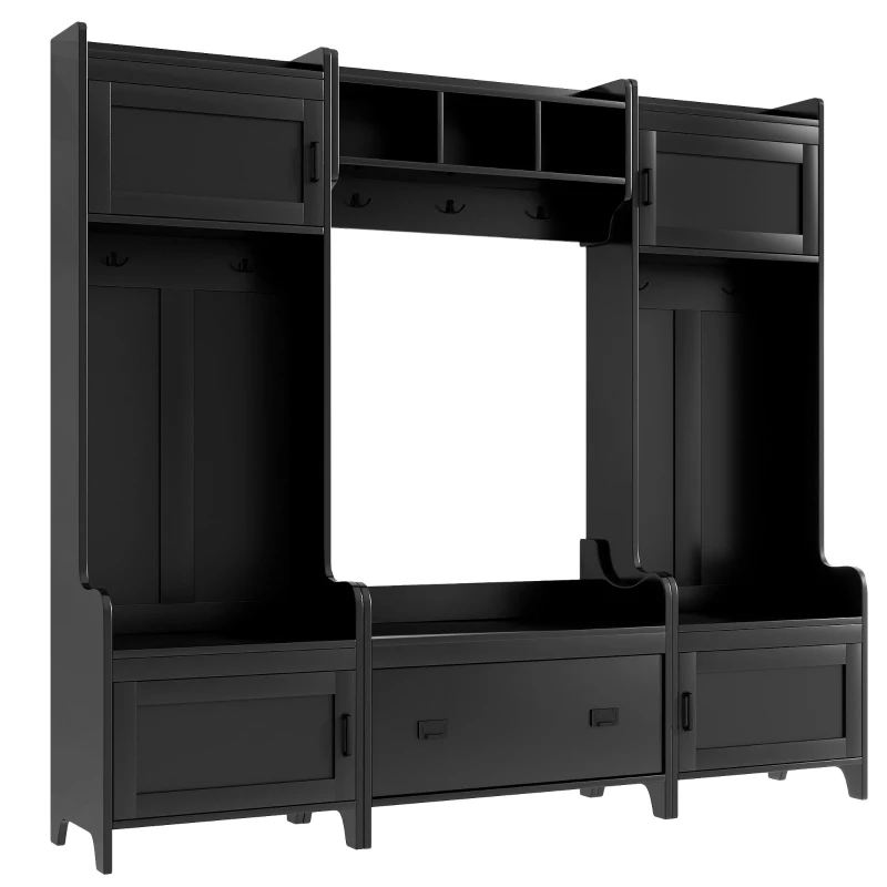 Vinsetto Modern 4-in-1 Hall Tree with Coat Rack, Storage Bench, Entryway Shelf, 7 Metal Hooks, and 4 Cabinets, 78.5" L x 15" W x 72" H, Black