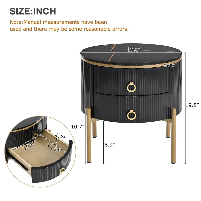 Vinsetto Round End Table with Storage Drawers, Modern Faux Marble Tabletop, Metal Legs and Handles, Black+Gold