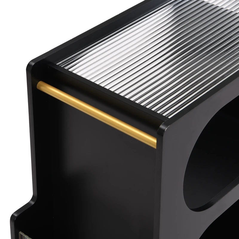 Mobile End Table with Lockable Wheels, Fluted Tempered Glass, Golden Round Rod, Side Table for Living room, 31.5" L x 12" W x 23" H, Black