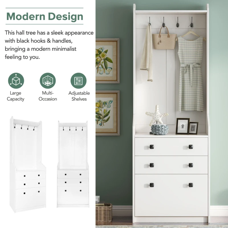 Vinsetto 27.5''W Narrow Hall Tree with Flip Drawer, Multi-functional Coat Rack with 4 Hanging Hooks & Adjustable Shoe Storage Cabinet for Hallway, White