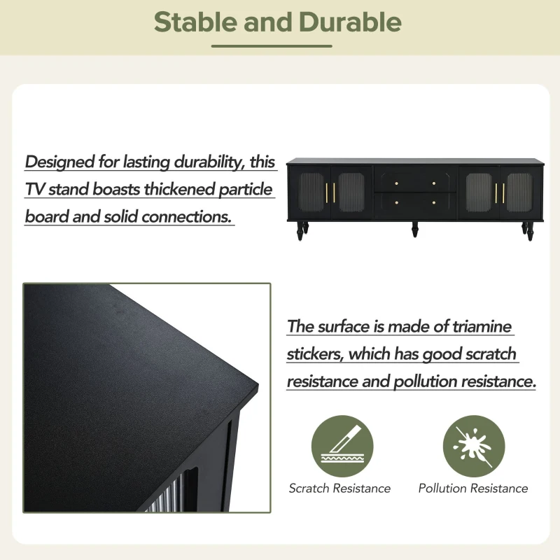 Retro Design TV Stand with Fluted Glass Doors, 2 Drawers and Cabinets, Fits TVs Up to 78", 70" L x 16" W x 22" H, Black