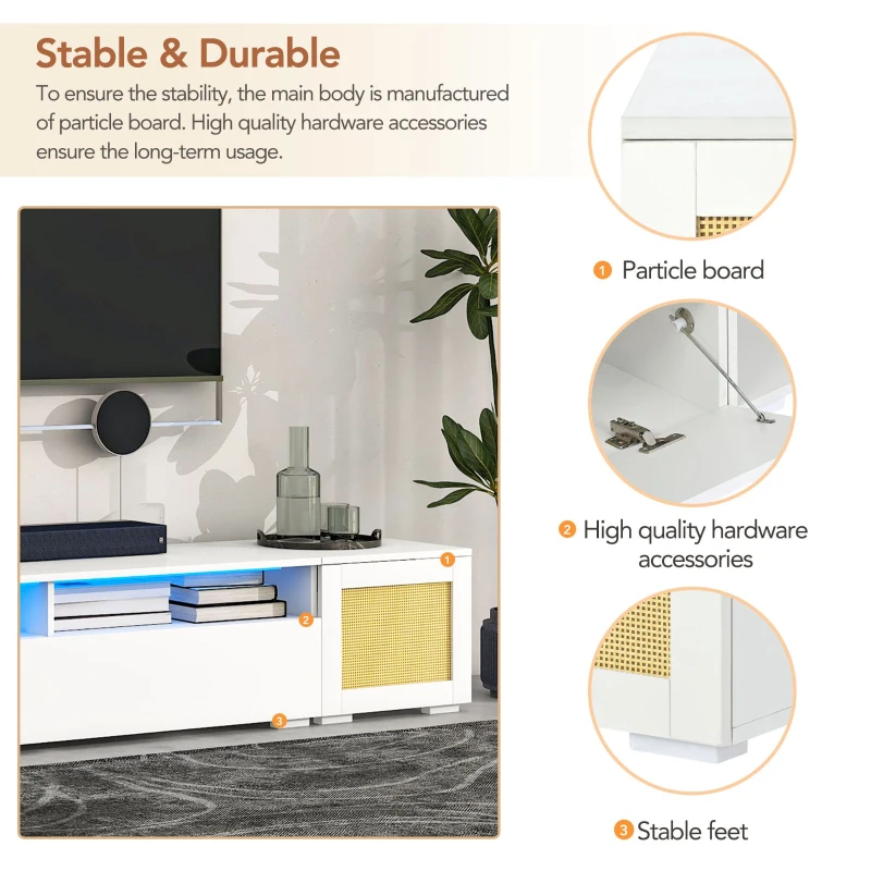 Vinsetto Modern TV Stand Fits TVs Up to 90" with Push to Open Doors, LED Lights, Rattan Style Entertainment Center, 82.5" L x 15.5" W x 14" H, White