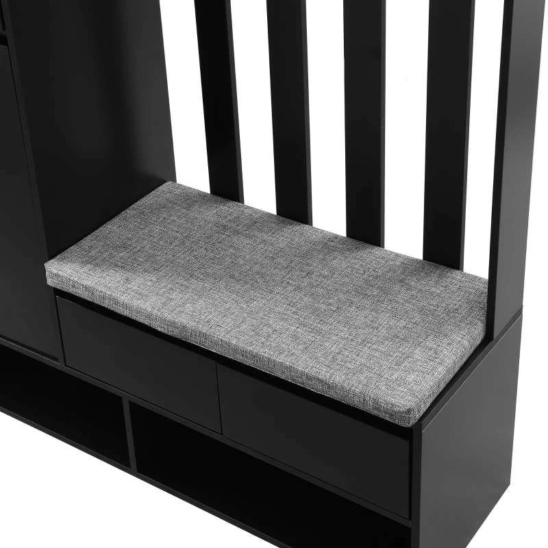 Contemporary Hall Tree with Cushioned Storage Bench, Multifunctional Coat Rack Stand, with Pegboard and 4 Hooks, 39.5" L x 12" W x 71" H, Black