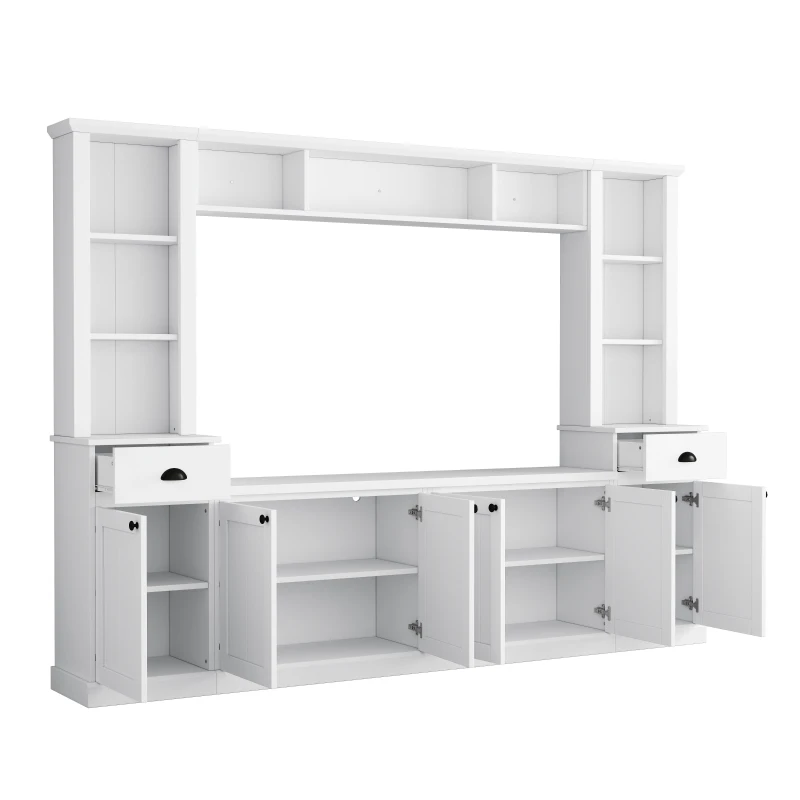Minimalist Storage TV Stand for TVs Up to 75" with Adjustable Shelves, Entertainment Wall Unit Set for Living Room, 103" L x 15" W x 77" H, White