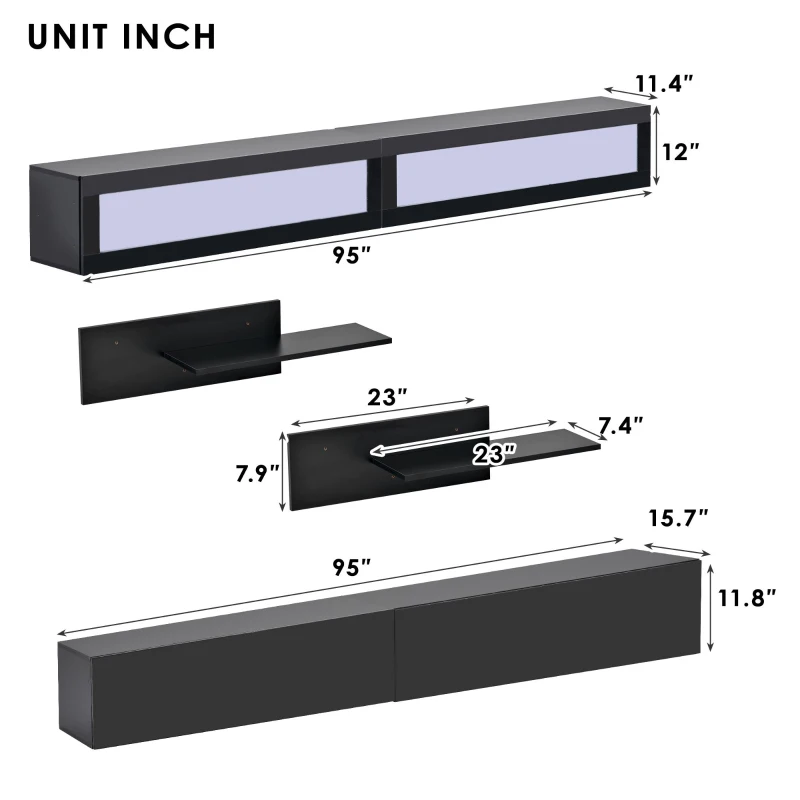 Vinsetto Wall Mount Floating TV Stand with 4 Media Storage Cabinets, 2 Shelves, and 16-Color RGB LED Lights for 95+" TV, Black