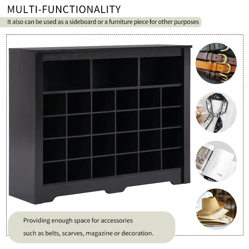 Modern 24-Cubby Shoe Cabinet, Sleek Design with Curved Base, Versatile Sideboard for Hallway, Bedroom, Living Room, Black