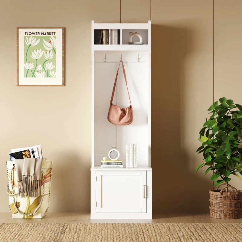 Vinsetto Minimalist Slim Hall Tree with Cabinet & 6 Hanging Hooks, Multi-functional Storage, 24" L x 16" W x 79" H, White