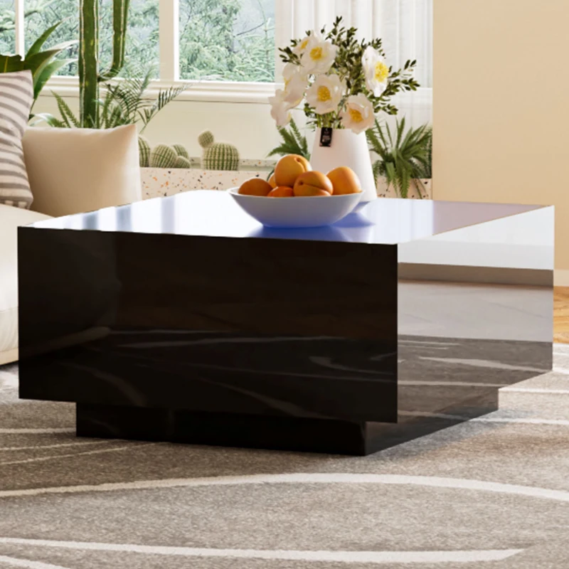 Square High Glossy Coffee Table with 16-Color LED Strip Lights, 0.2'' Glass Top, Modern Center Table for Living Room, 27.5" L x 27.5" W x 14" H, Black
