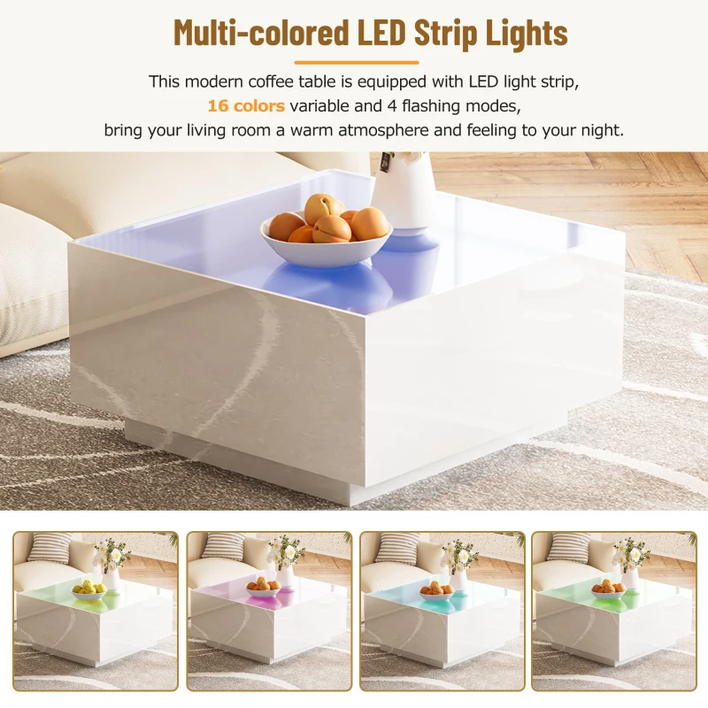 Square High Glossy Coffee Table with 16-Color LED Strip Lights, 0.2'' Glass Top, Modern Center Table for Living Room, 27.5" L x 27.5" W x 14" H, White