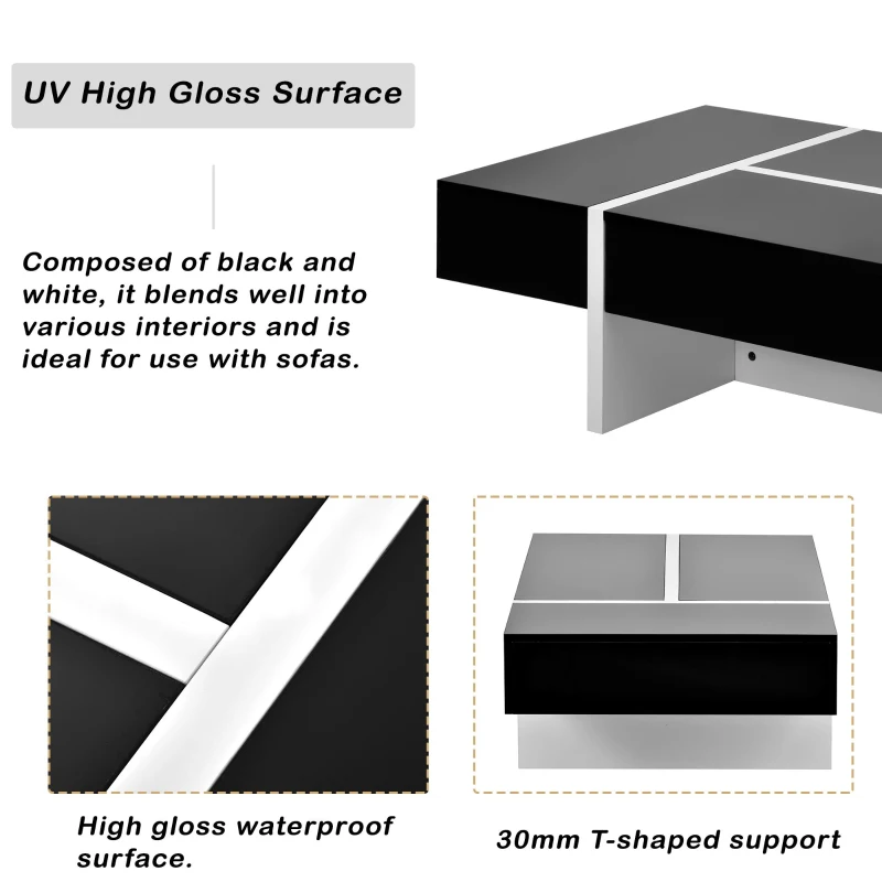 Contemporary Rectangle Coffee Table with Large Drawer, Modern High Gloss Surface, 45" L x 25.5" W x 13.5" H, Black