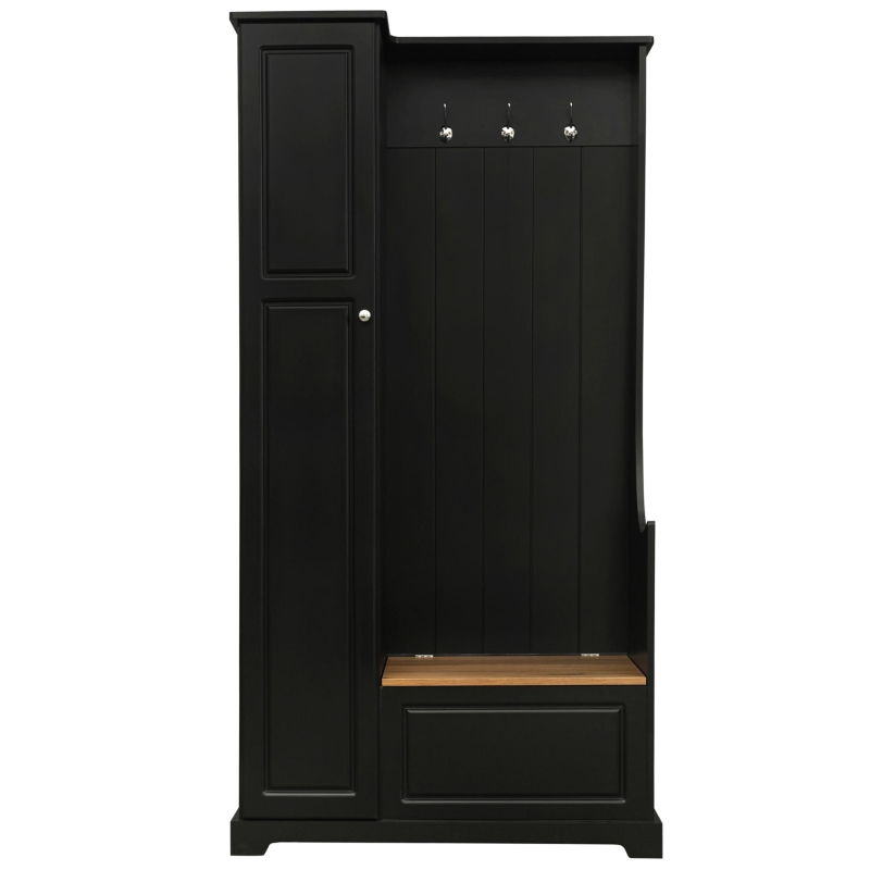 Hall Tree with Flip-Up Bench, Adjustable Shelves, and Hanging Hooks for Entryways,36" L x 15.5" W x 70.5" H, Black