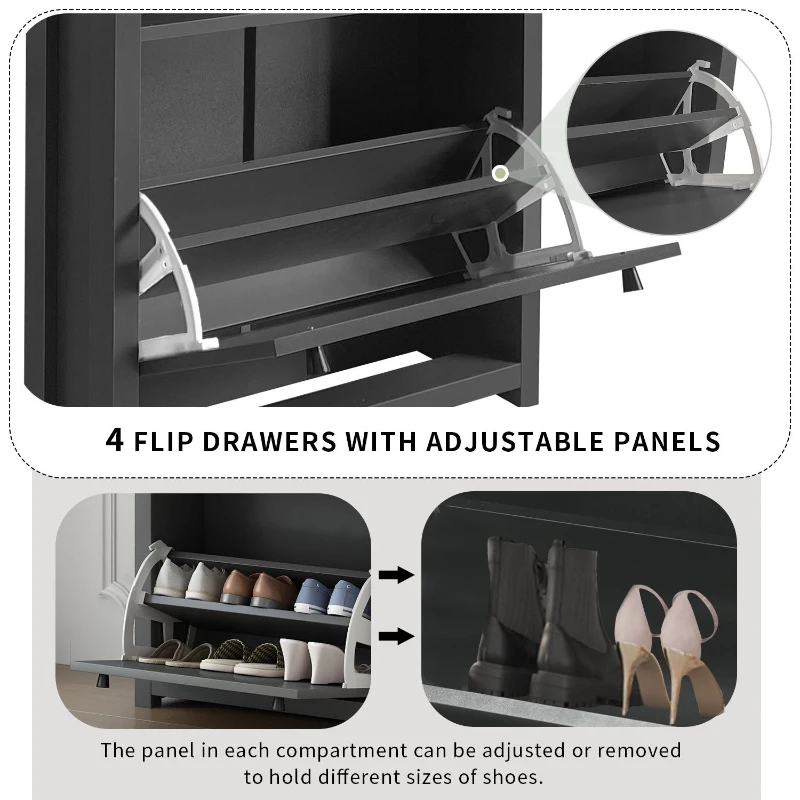 Modern Slim Shoe Cabinet Set with 4 Flip Drawers, Wood Grain Pattern Top, Adjustable Panels, Shoe Rack for Hallway, Gray