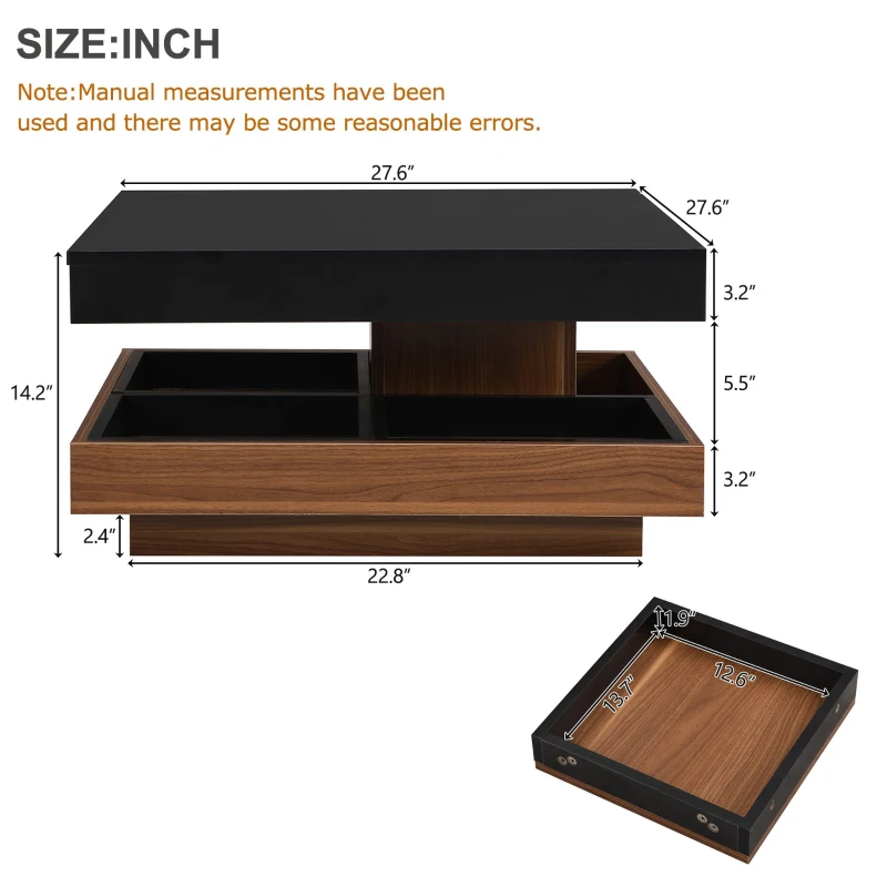 Square 360° Rotating Wood Coffee Table with 3 Detachable Trays, Storage Table for Living Room, 27.5" L x 27.5" W x 14" H, Black+Dark Walnut