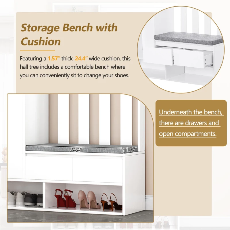 Contemporary Hall Tree with Cushioned Storage Bench, Multifunctional Coat Rack Stand, with Pegboard and 4 Hooks, 39.5" L x 12" W x 71" H, White
