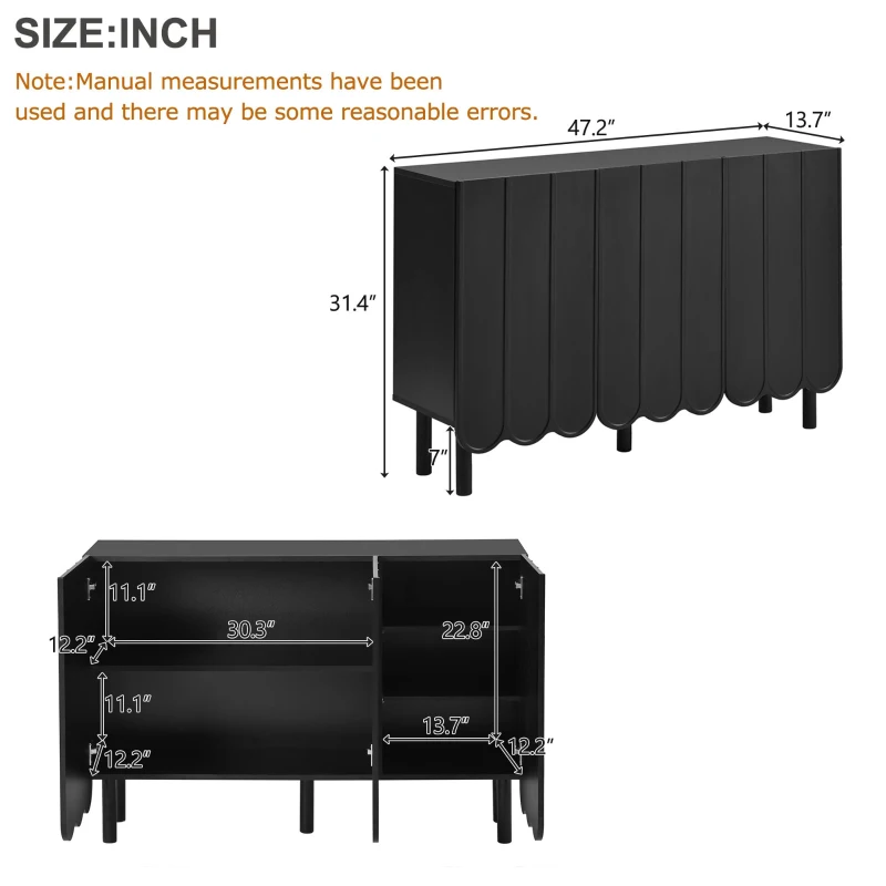 Minimalist Storage Shoe Cabinet with Adjustable Shelves, Solid Wood Legs, and Wave Doors, 47" L x 13.5" W x 31.5" H, Black