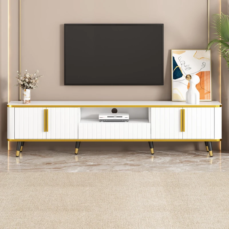 Luxury Minimalism TV Stand with Open Storage Shelf for TVs Up to 85", Entertainment Center with Cabinets and Drawers, White+Gold