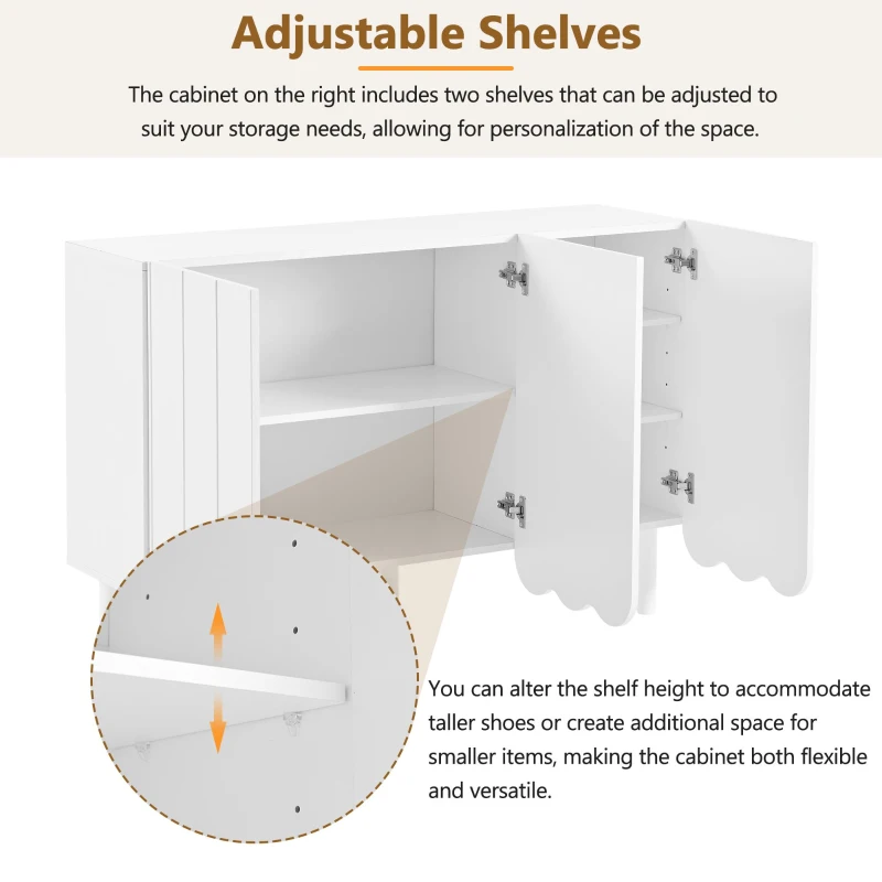 Minimalist Storage Shoe Cabinet with Adjustable Shelves, Solid Wood Legs, and Wave Doors, 47" L x 13.5" W x 31.5" H, White
