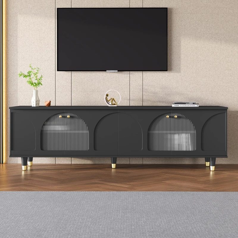 Contemporary TV Stand with Adjustable Shelves for TVs Up to 78", Media Console with Gold Handles and Fluted Glass Doors, Black