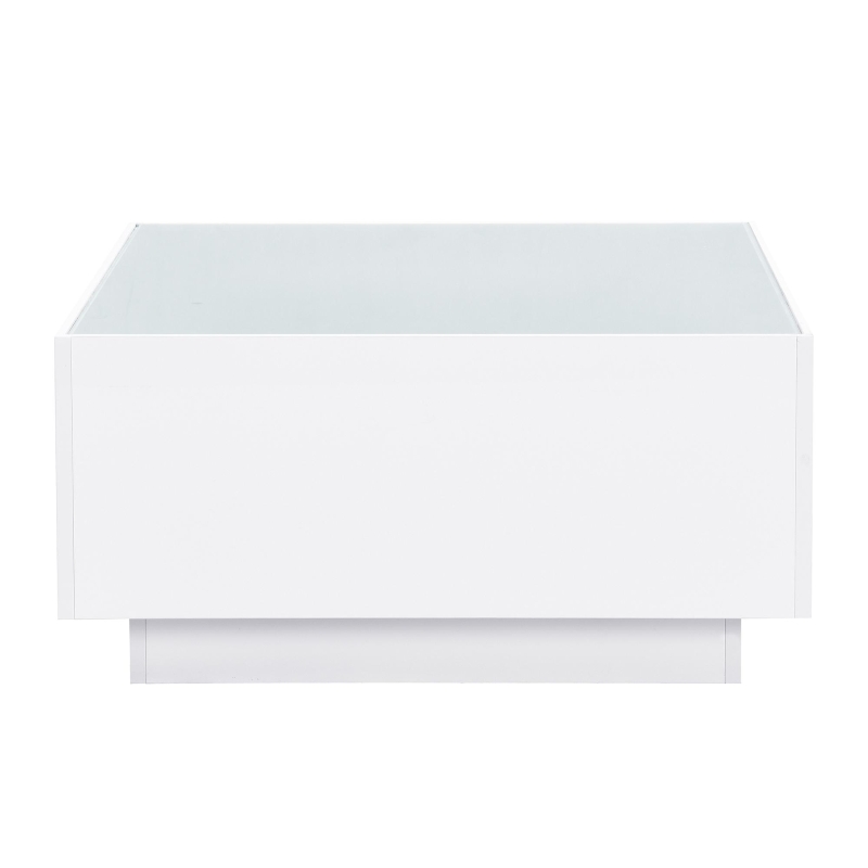 Square High Glossy Coffee Table with 16-Color LED Strip Lights, 0.2'' Glass Top, Modern Center Table for Living Room, 27.5" L x 27.5" W x 14" H, White
