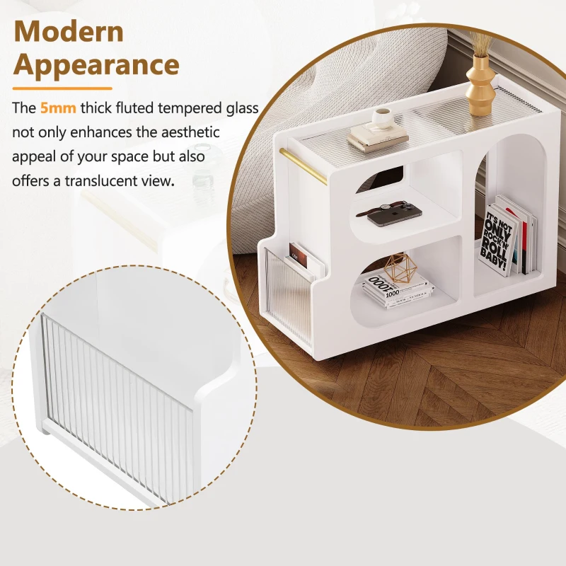 Mobile End Table with Lockable Wheels, Fluted Tempered Glass, Golden Round Rod, Side Table for Living room, 31.5" L x 12" W x 23" H, White