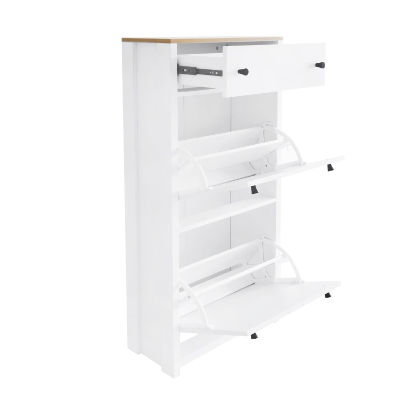 Functional Shoe Cabinet with 2 Flip Drawers, Adjustable Shoe Rack, Wood Grain Top, and Extra Storage, 24" L x 9.5" W x 47.5" H, White