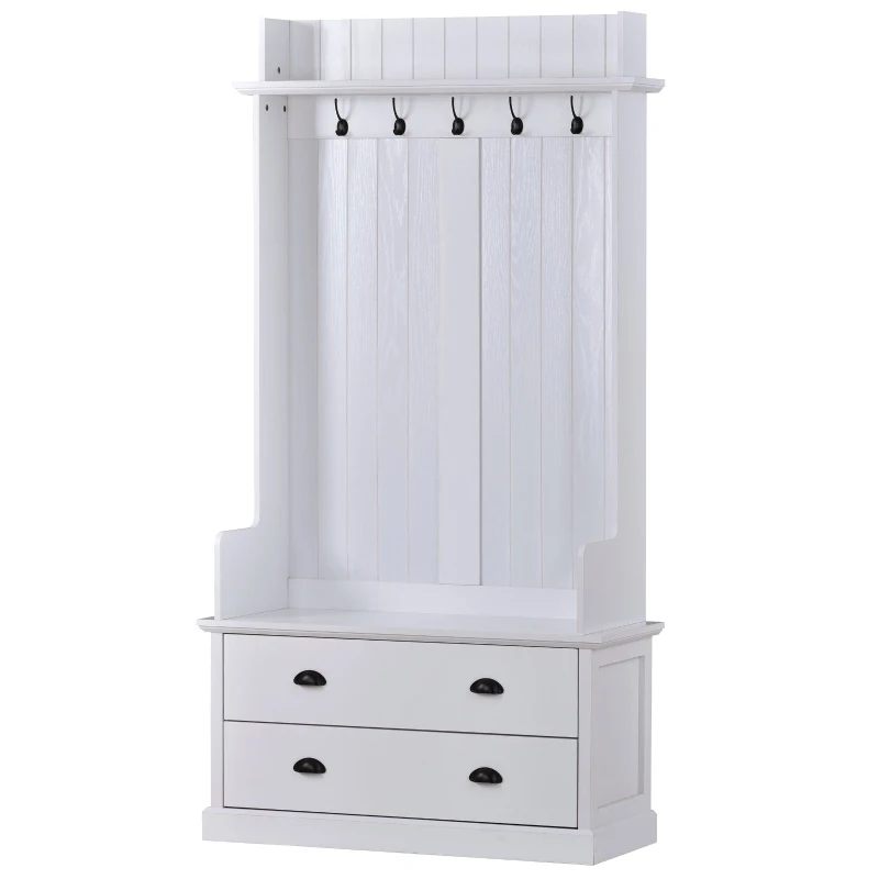 Vinsetto Vintage Style Hallway Coat Rack with 5 Metal Hooks and 2 Large Drawers, MDF Veneer, 38.5" Wide, White