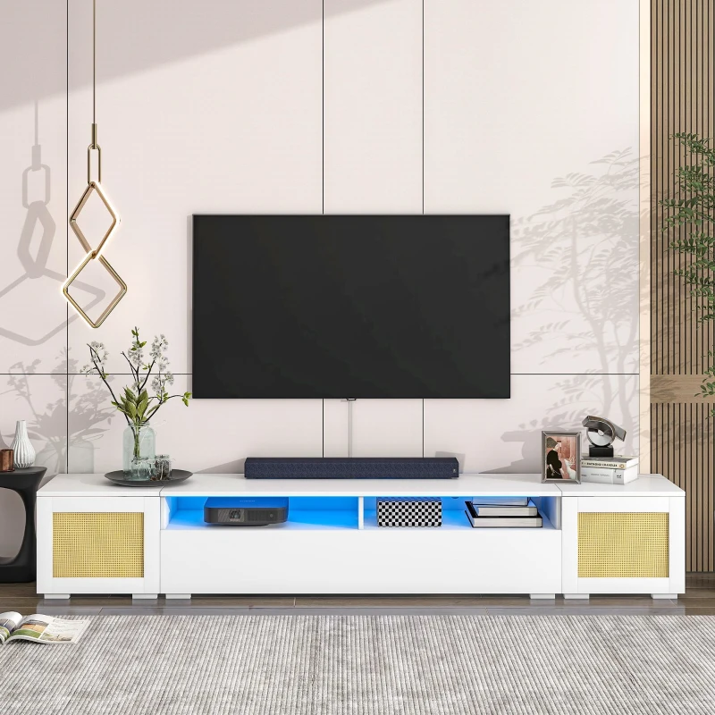 Vinsetto Modern TV Stand Fits TVs Up to 90" with Push to Open Doors, LED Lights, Rattan Style Entertainment Center, 82.5" L x 15.5" W x 14" H, White