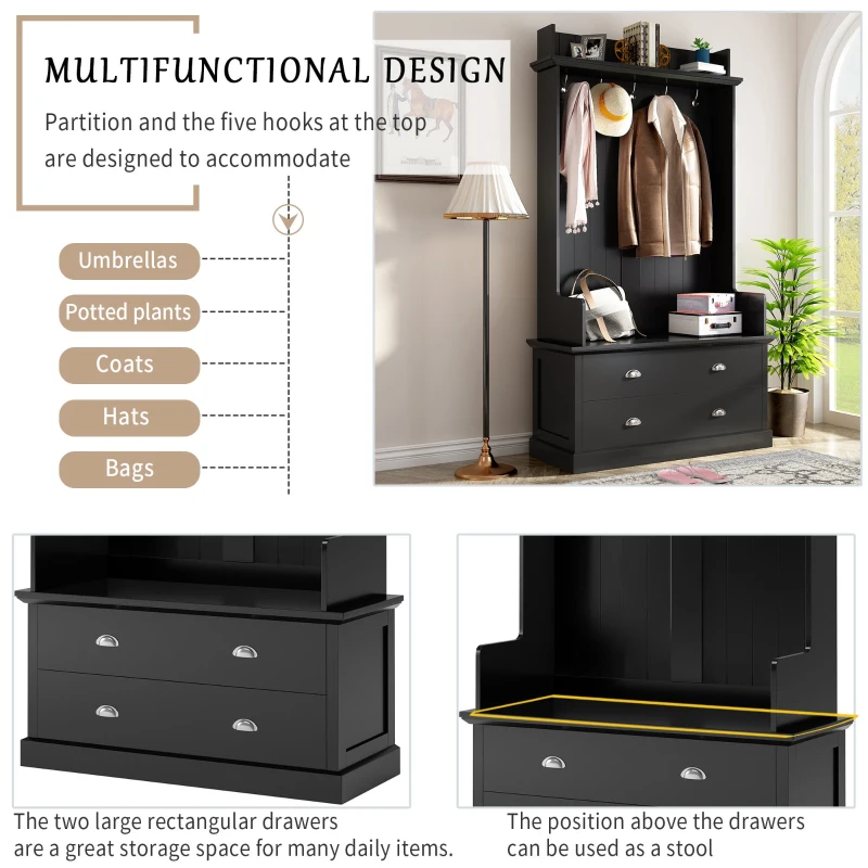 Vinsetto Vintage Style Hallway Coat Rack with 5 Metal Hooks and 2 Large Drawers, 38.5" Wide Entryway Bench with Metal Handles, MDF Veneer, Black
