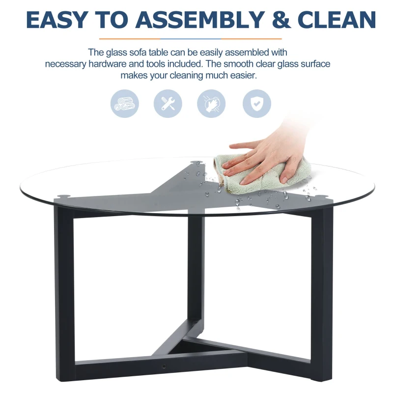 Round Coffee Table with Tempered Glass Top and Sturdy Wood Base, Modern Cocktail Table, Easy Assembly, 35.5" L x 35.5" W x 17.5" H, Black