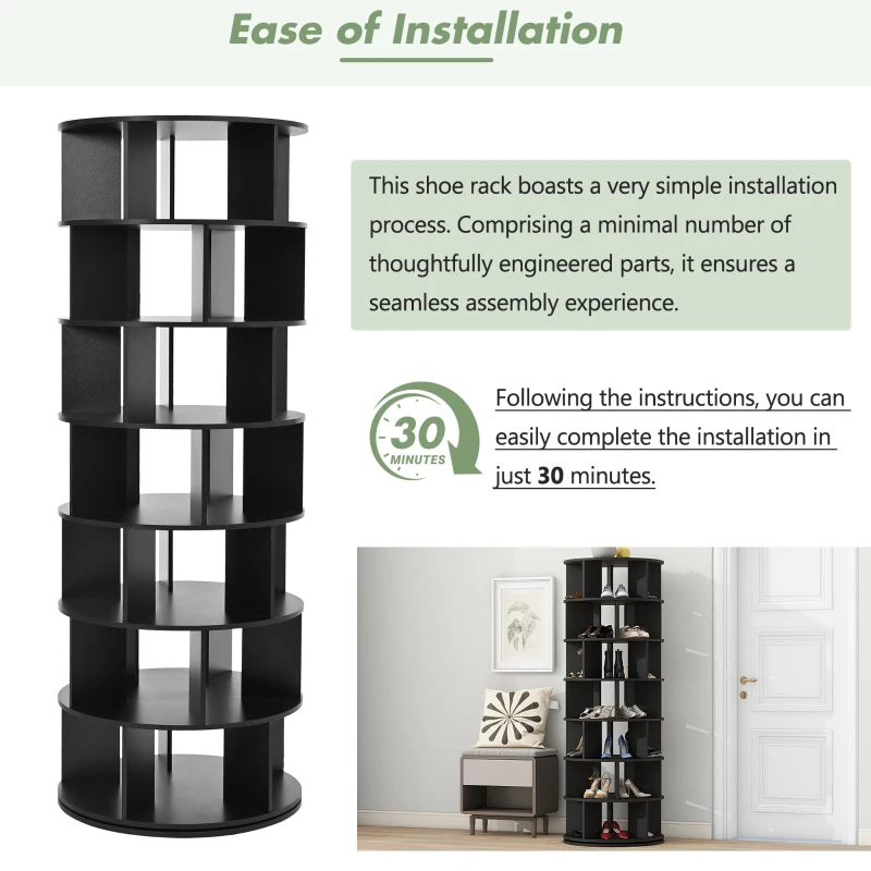 360° Spinning Shoe Cabinet with 5 Grids Per Layer, Adjustable 7-Tier Rotating Shoe Rack Tower, for Living Room, 23.5" L x 23.5" W x 65" H, Black