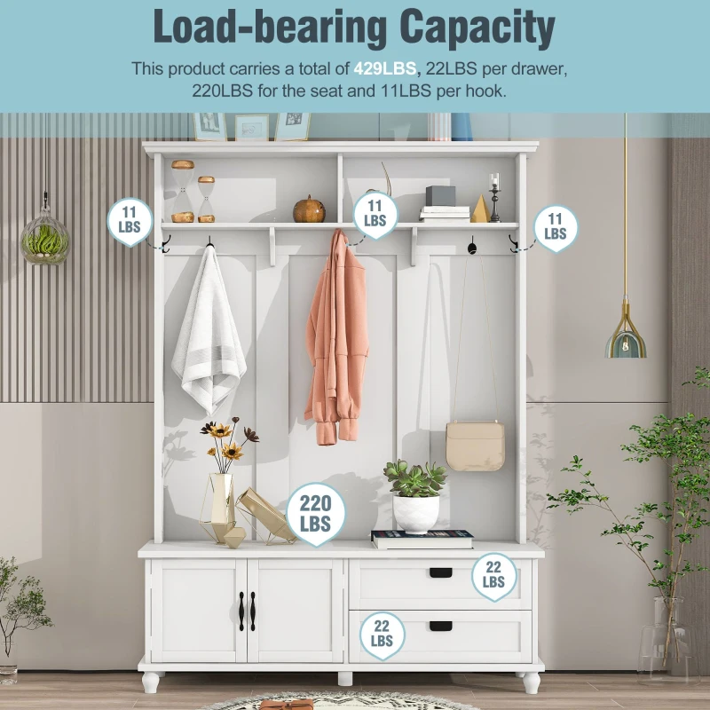 Modern Hall Tree with Storage Cabinet and 2 Large Drawers, Wide Mudroom Bench with 5 Coat Hooks, 59" L x 16" W x 80.5" H, White