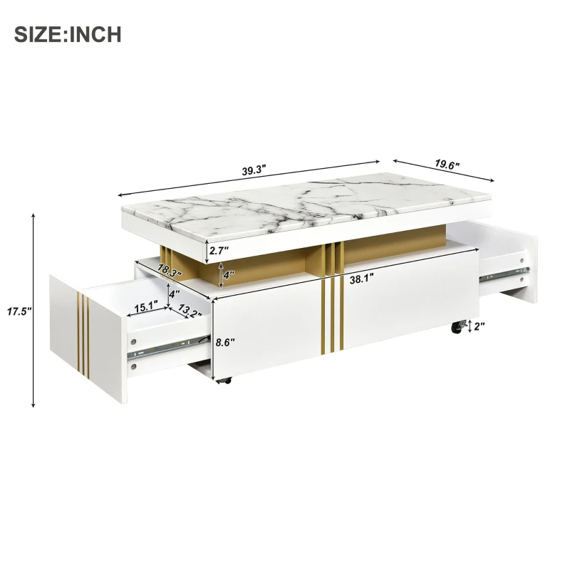 Vinsetto Contemporary Coffee Table with Faux Marble Top, Rectangle Cocktail Table with Caster Wheels and Two Drawers, 39.5" L x 20" W x 17.5" H, White