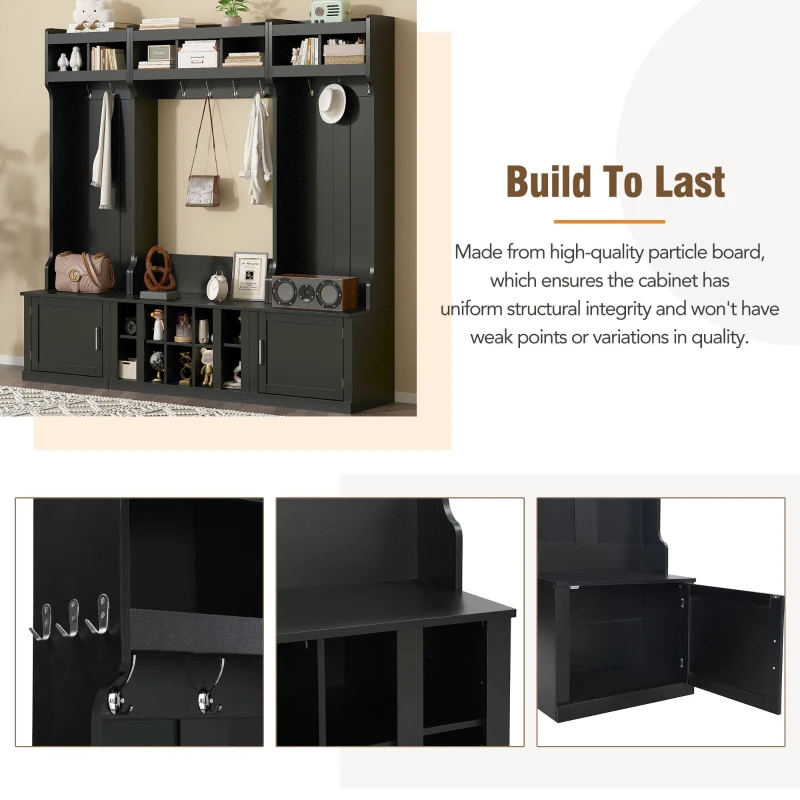 Vinsetto 4-in-1 Wide Storage Hall Tree with Bench and Shoe Cubbies, Multi-functional Entryway Coat Rack, 82.5" L x 15.5" W x 78.5" H, Black