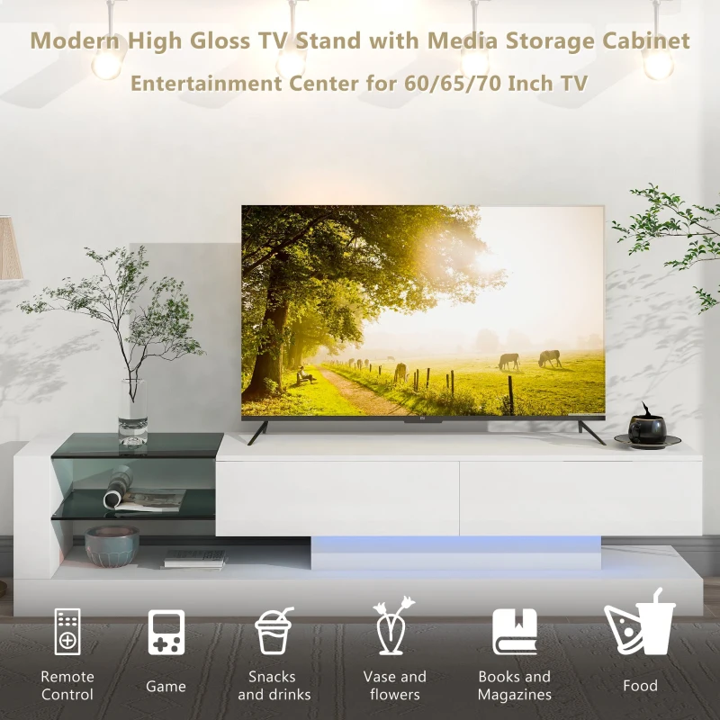 Vinsetto 71" TV Stand for 75" TV with Media Storage Cabinets, 16-Color RGB LED Lights, Modern High Gloss Entertainment Center, White
