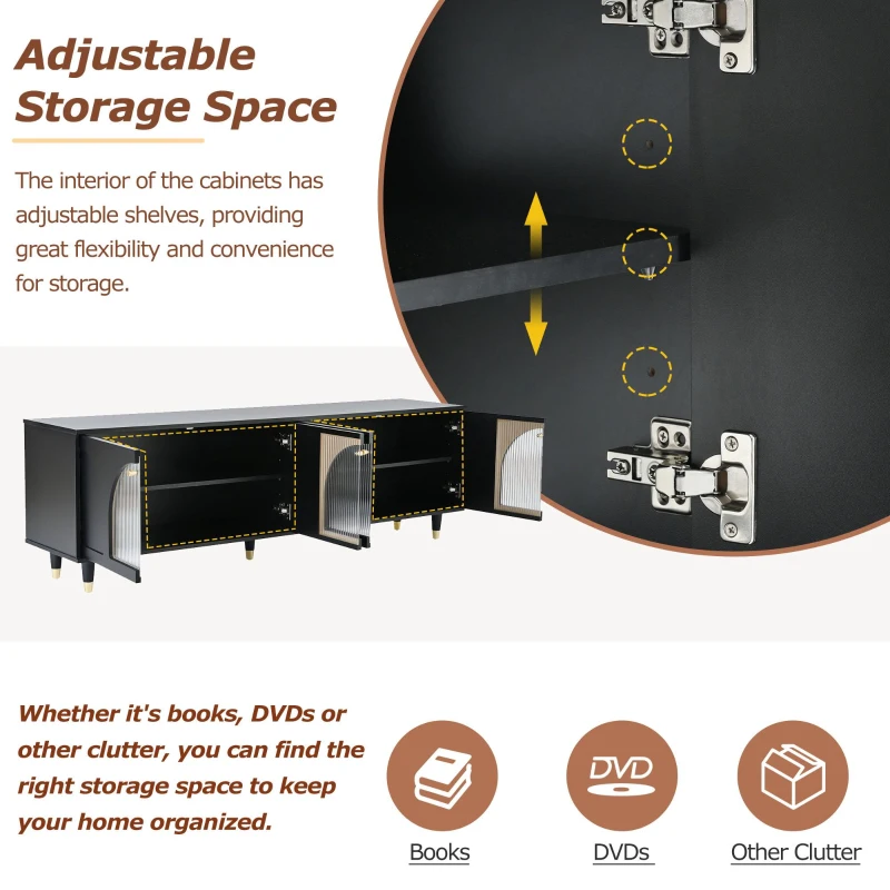 Contemporary TV Stand with Adjustable Shelves for TVs Up to 78", Media Console with Gold Handles and Fluted Glass Doors, Black