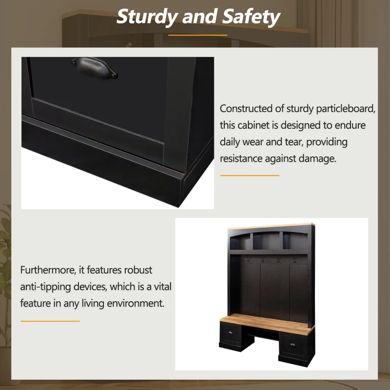 Farmhouse 4-in-1 Hall Tree with Bench and Adjustable Shelves, Multifunctional Storage Coat Rack with Hooks, 55" L x 16.5" W x 73.5" H, Black