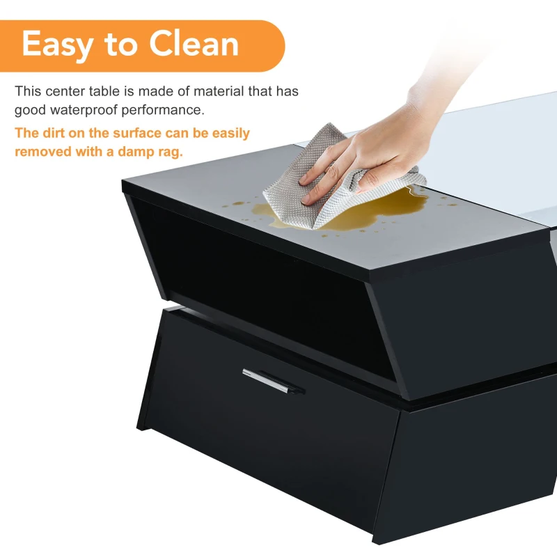 Vinsetto Glass-Top Coffee Table with Open Shelves and Cabinets, Geometric Style, 2-Tier Center Table for Living Room, 45" L x 22" W x 15" H, Black