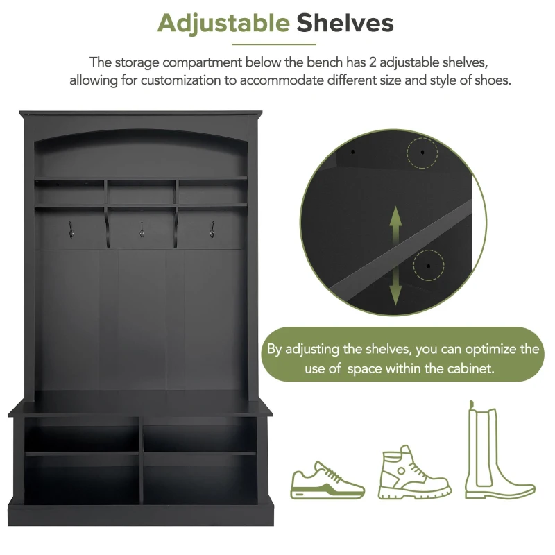 47.5'' Wide Hall Tree with Shoe Storage, 3 Hanging Hooks, Adjustable Shelves, and Multi-Functional Design, 47.5" L x 16" W x 75.5" H, Black